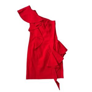 Forever Unique Red One Shoulder Wide Ruffle Stretch Mini Dress Sz 8 (US 4) Party